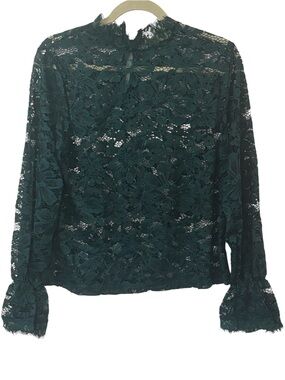 NWT Sweet Lilac Long Bell Sleeve Lace Blouse Sheer Midnight Green Flirty Sz M